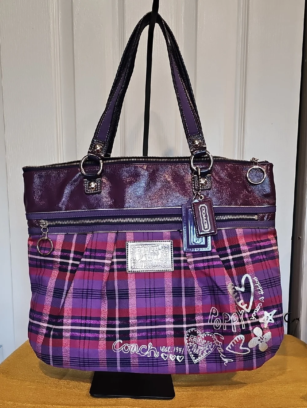 Coach Poppy Tartan Glam Large Tote EUC